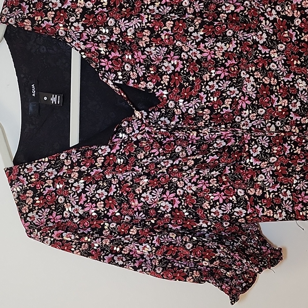 Aqua Red Gold Pink Floral Puff Short Sleeve Boho Midi Dress SZ M - Picture 7 of 16